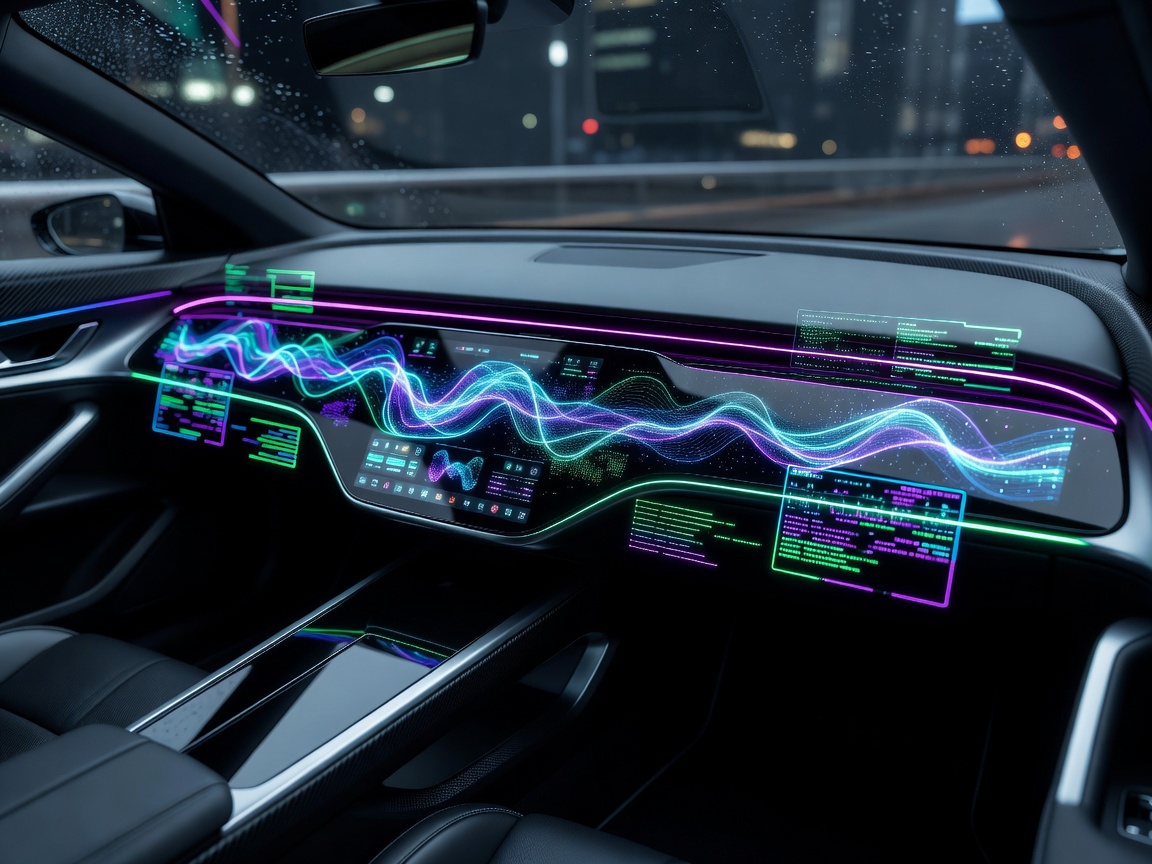 High-contrast digital cockpit visualization displaying a futuristic driverless vehicle dashboard with real-time HUD graphics and neon sensor diagnostic overlays