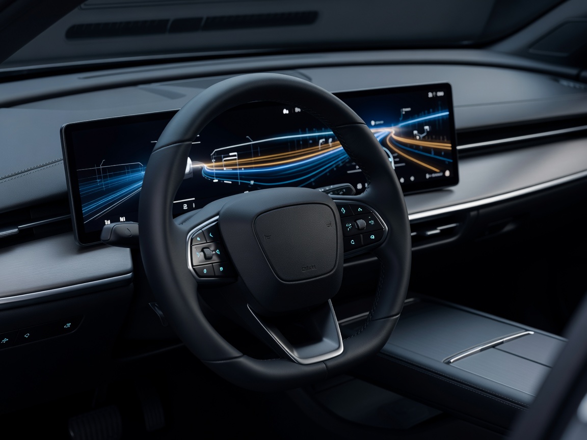 Level 3 autonomous sedan steering wheel and active driver-assist instrumentation display