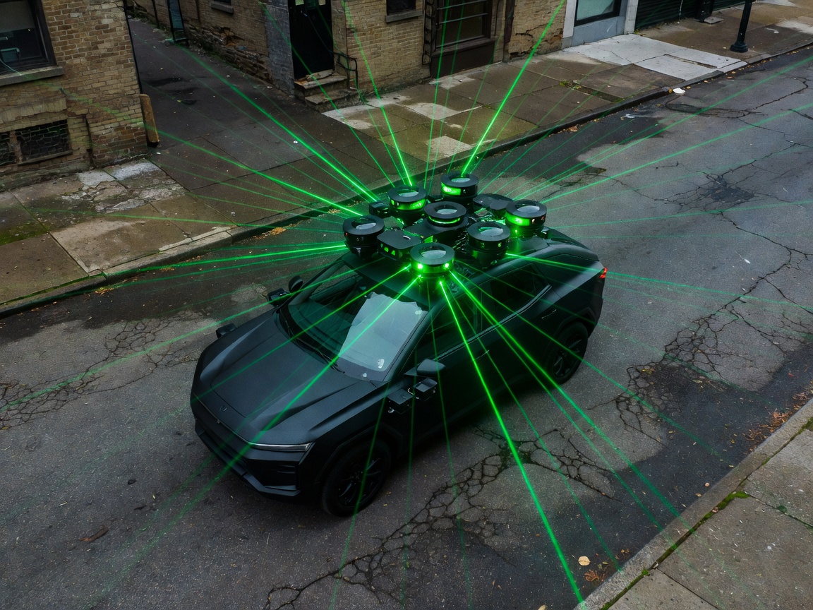 Overlapping top-mounted lidar pods on an autonomous vehicle mapping out street terrain