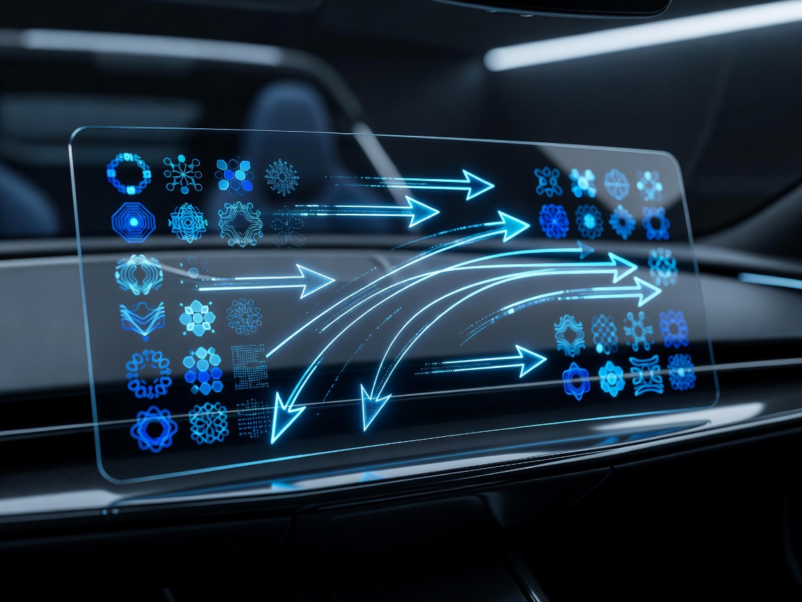 Sleek digital vehicle diagnostics HUD displaying real-time trajectory vector arrows, speed readouts, and systemic telemetry matrices